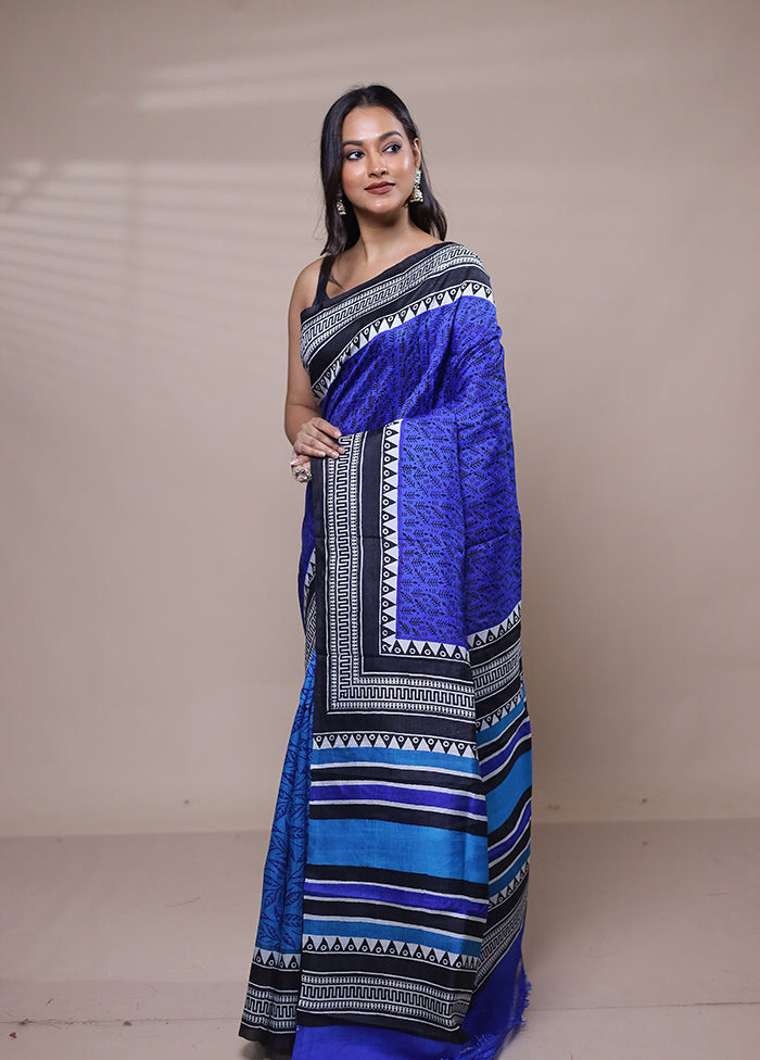 Blue Printed Silk Saree Without Blouse Piece