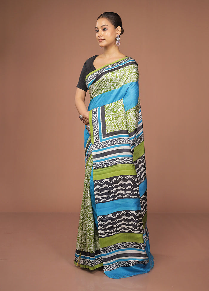 Blue Printed Silk Saree Without Blouse Piece