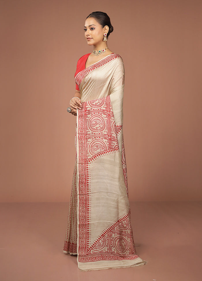 Cream Printed Pure Silk Saree Without Blouse Piece