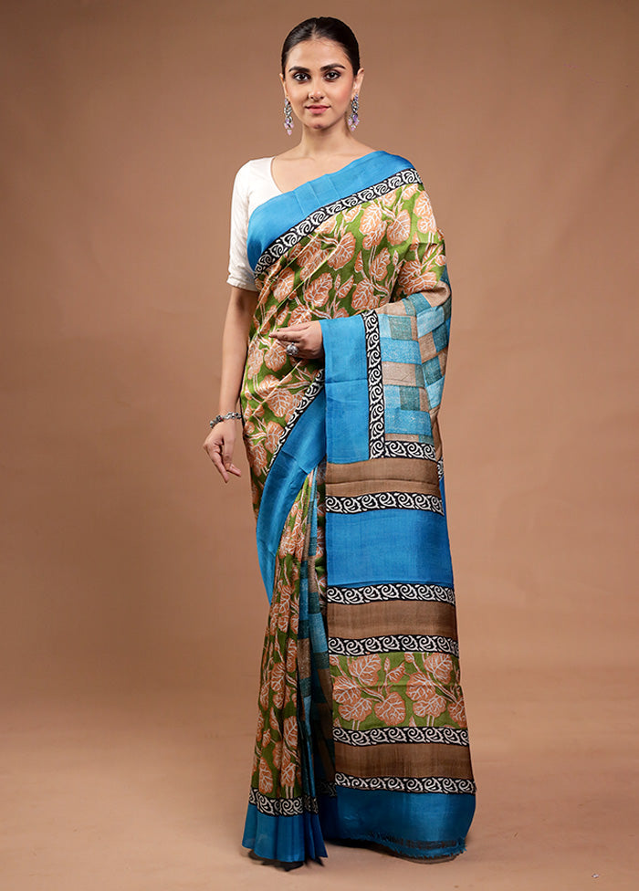 Green Printed Silk Saree Without Blouse Piece
