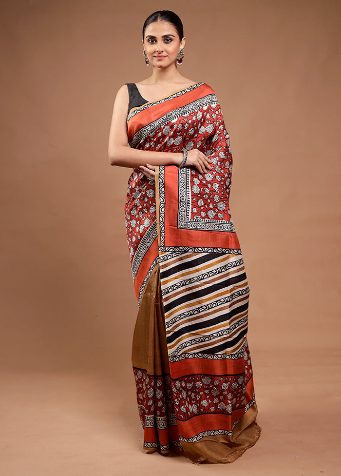 Red Printed Silk Saree Without Blouse Piece