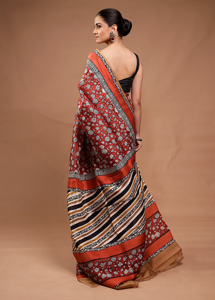 Red Printed Silk Saree Without Blouse Piece