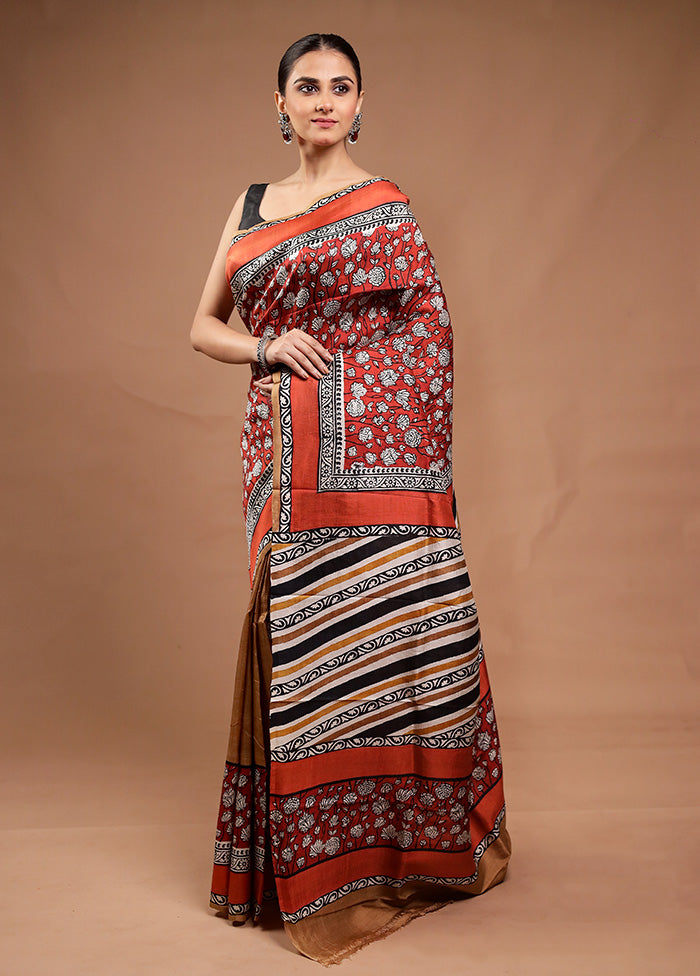 Red Printed Silk Saree Without Blouse Piece