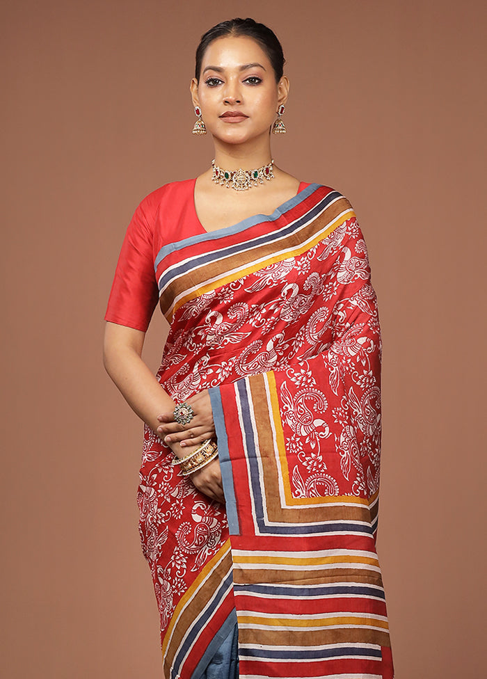 Red Printed Silk Saree Without Blouse Piece