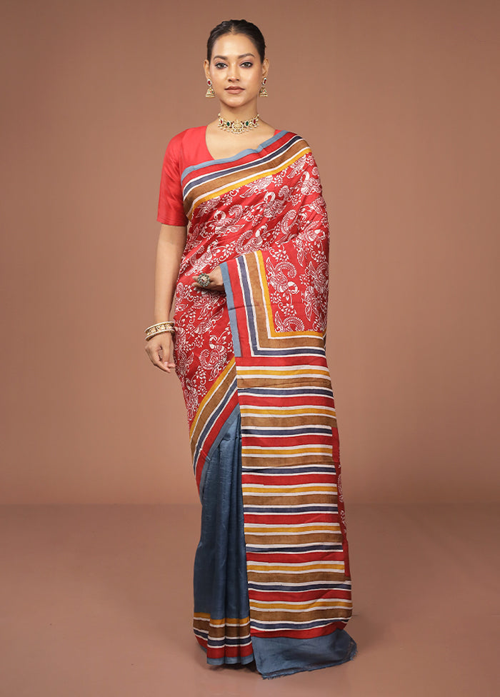 Red Printed Silk Saree Without Blouse Piece
