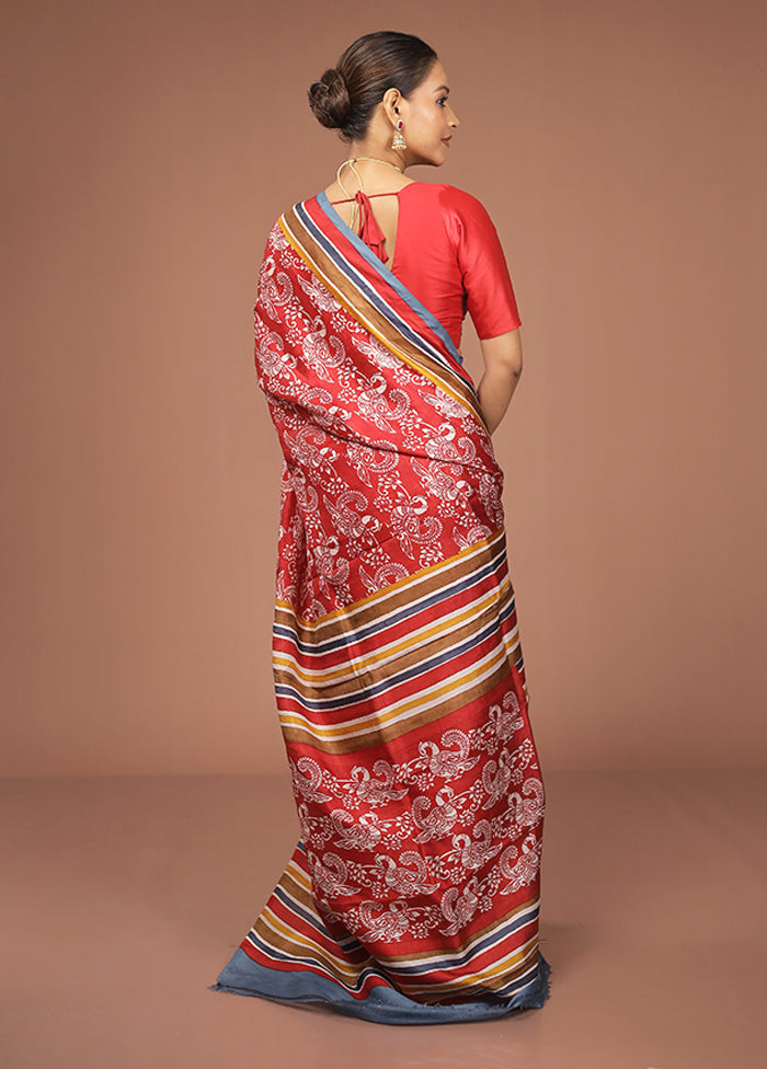 Red Printed Silk Saree Without Blouse Piece