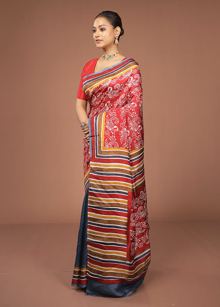Red Printed Silk Saree Without Blouse Piece