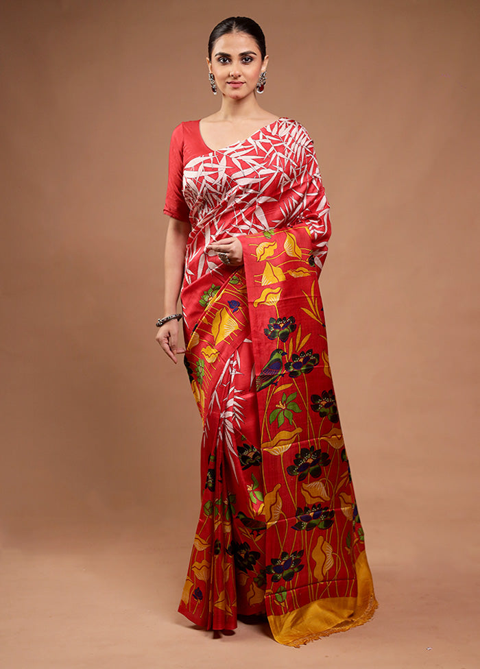 Red Printed Silk Saree Without Blouse Piece
