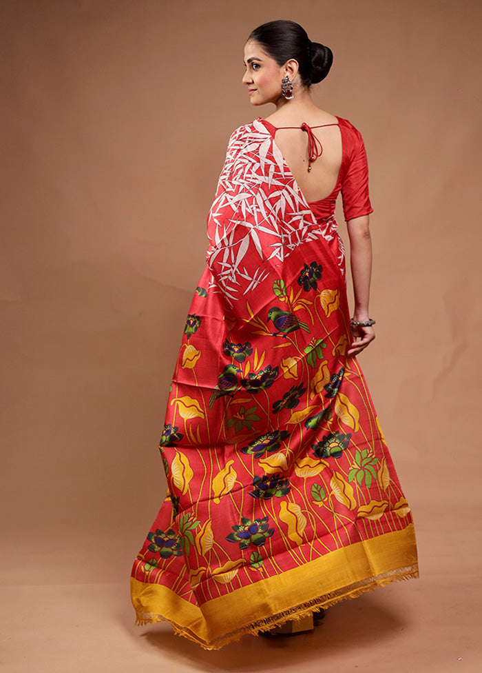 Red Printed Silk Saree Without Blouse Piece