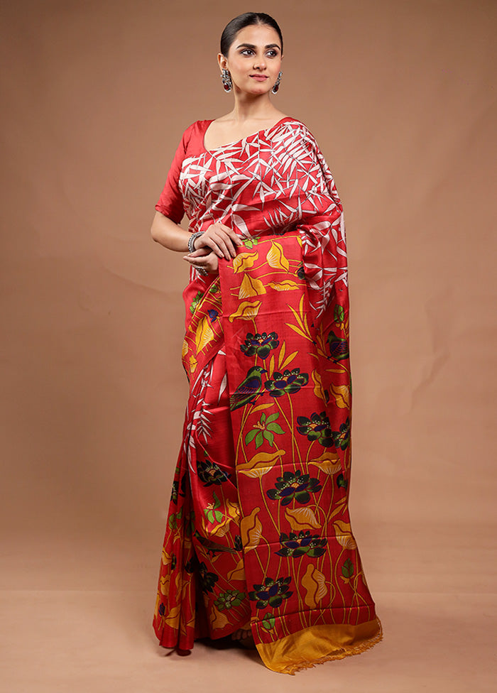 Red Printed Silk Saree Without Blouse Piece
