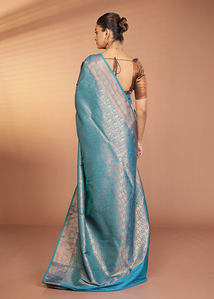 Blue Kanjivaram Silk Saree With Blouse Piece