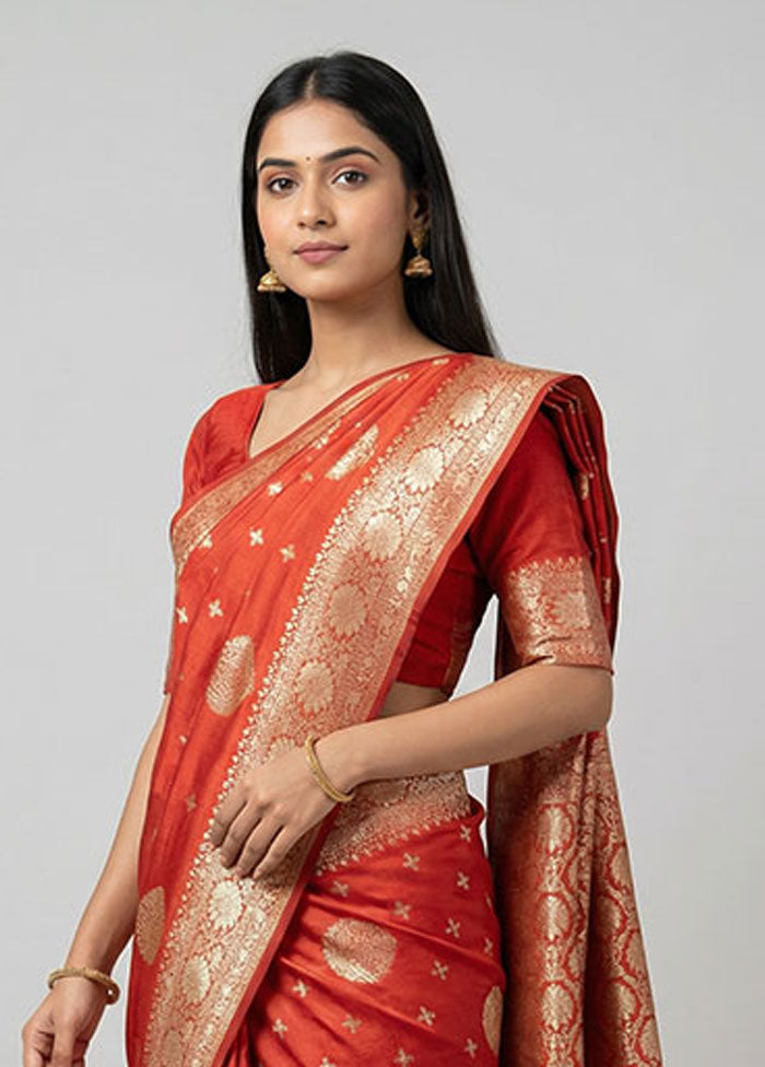 Red Dupion Silk Saree With Blouse Piece