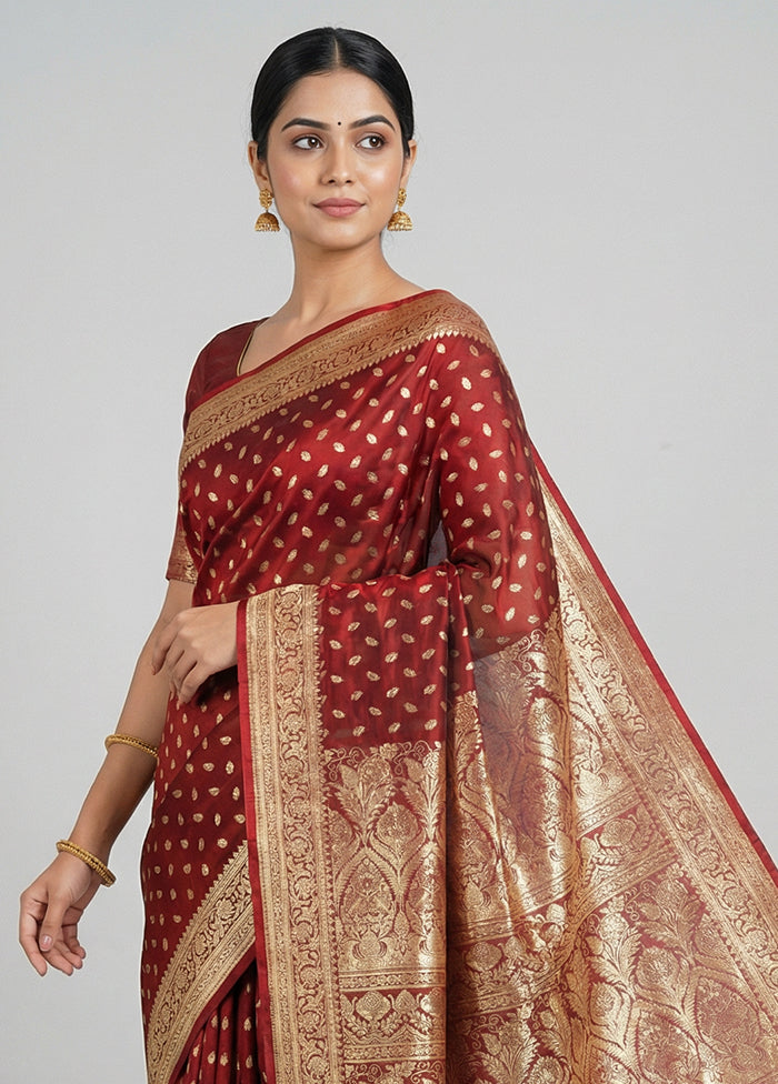 Maroon Handloom Banarasi Pure Silk Saree With Blouse Piece