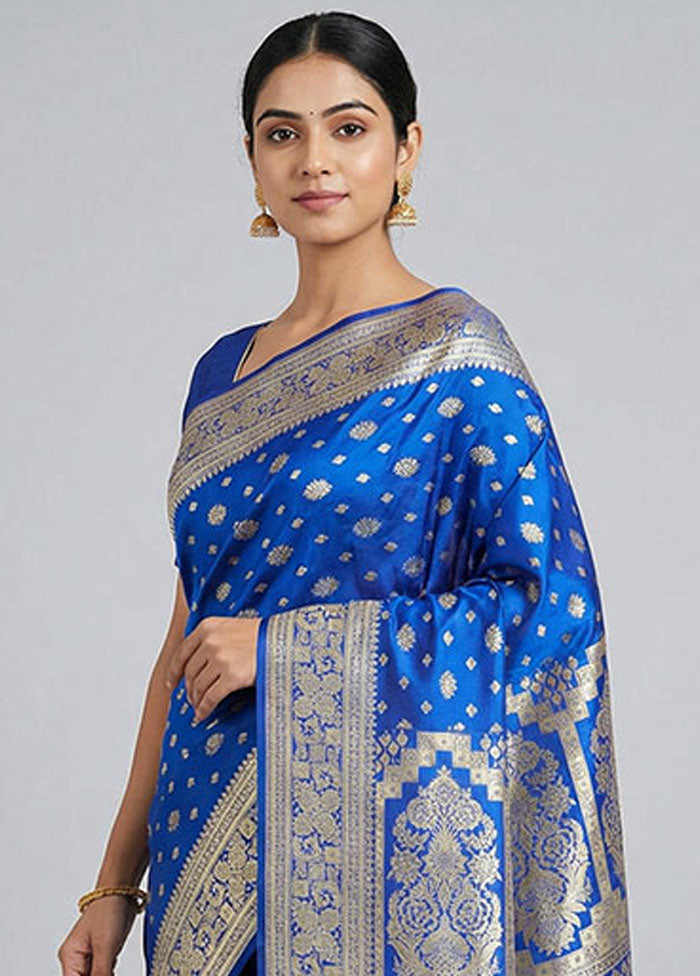 Blue Handloom Banarasi Pure Silk Saree With Blouse Piece