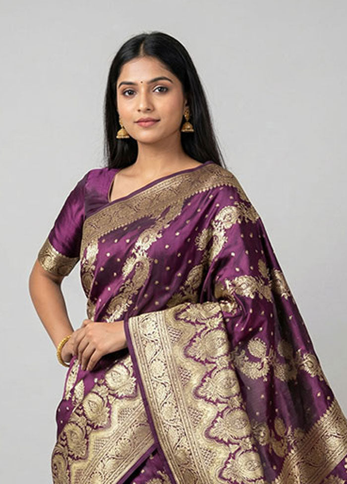 Purple Handloom Banarasi Pure Silk Saree With Blouse Piece