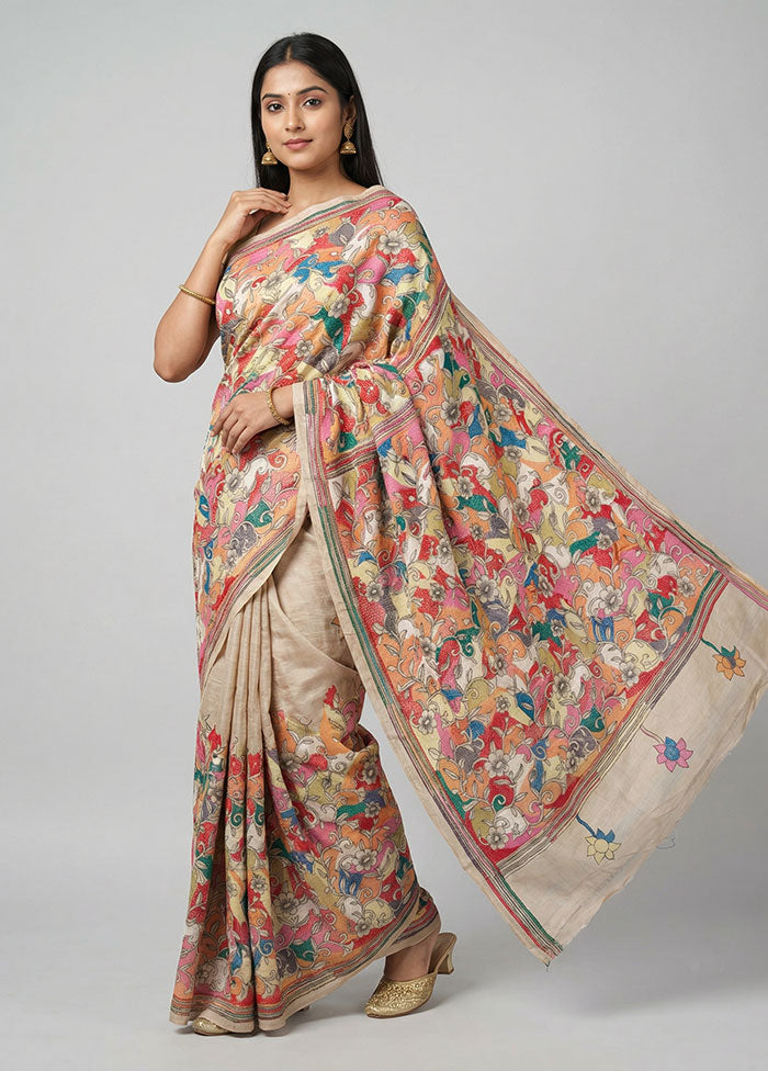 Cream Handloom Kantha Stitch Pure Silk Saree With Blouse Piece