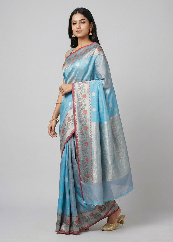 Blue Kora Silk Saree With Blouse Piece