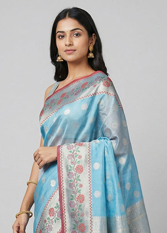 Blue Kora Silk Saree With Blouse Piece