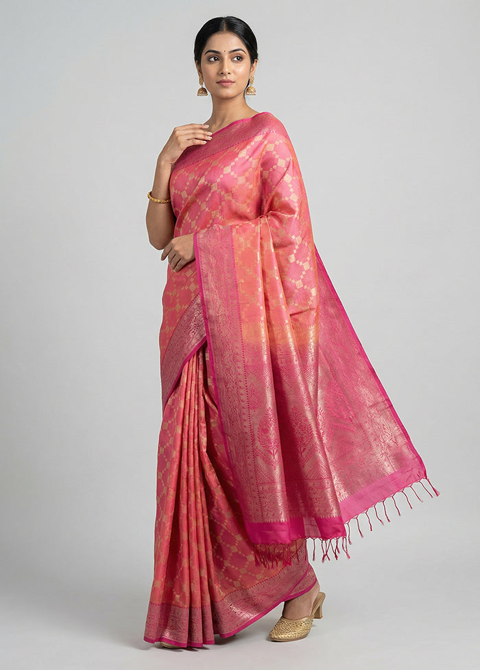 Pink Handloom Kanchipuram Pure Silk Saree With Blouse Piece