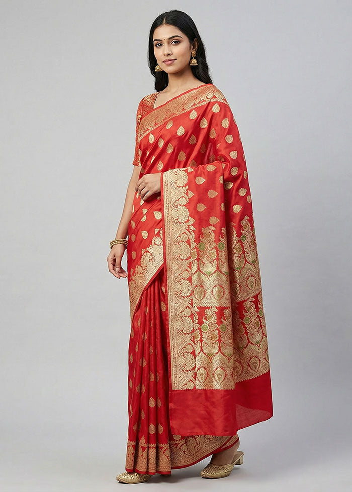Red Handloom Banarasi Pure Silk Saree With Blouse Piece