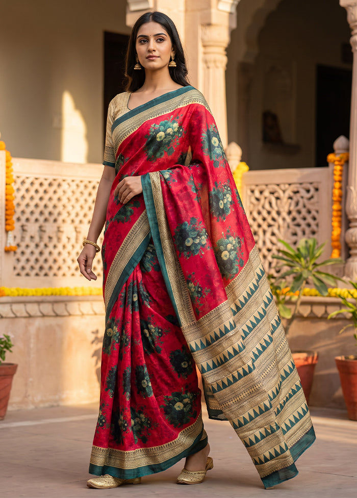 Pink Printed Pure Silk Saree Without Blouse Piece