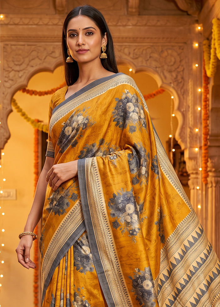 Yellow Printed Pure Silk Saree Without Blouse Piece