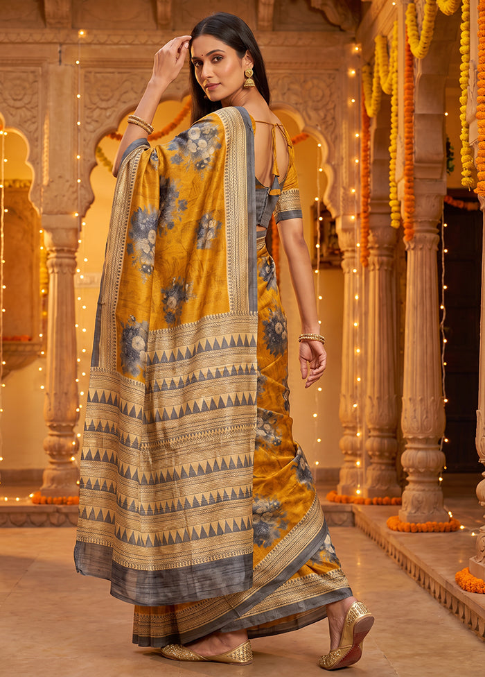 Yellow Printed Pure Silk Saree Without Blouse Piece
