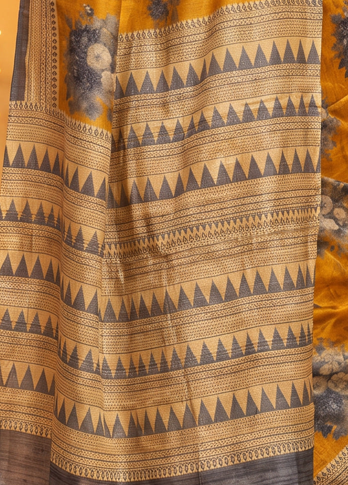 Yellow Printed Pure Silk Saree Without Blouse Piece