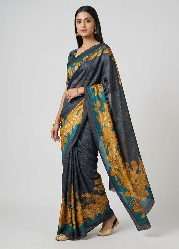 Grey Printed Pure Silk Saree Without Blouse Piece