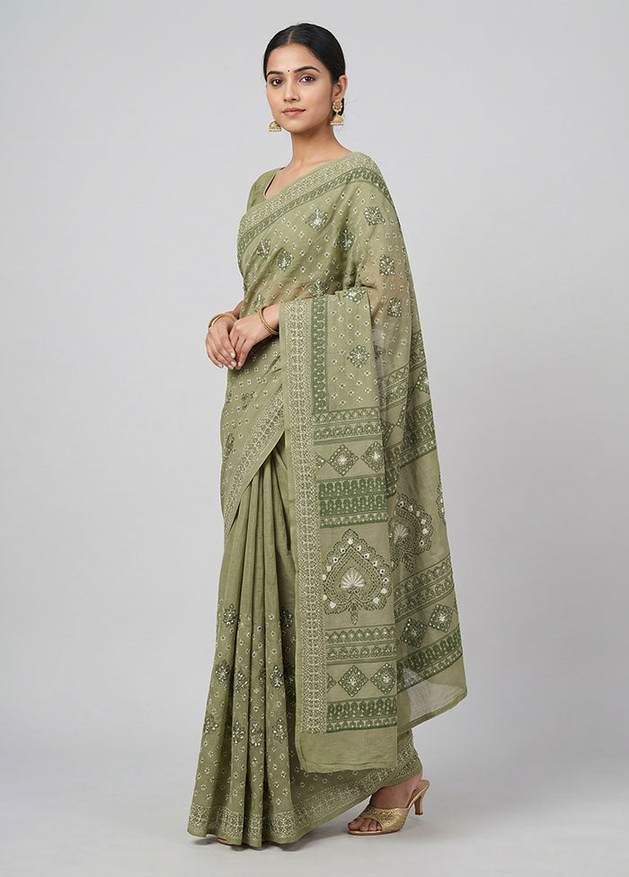 Green Cotton Saree With Blouse Piece