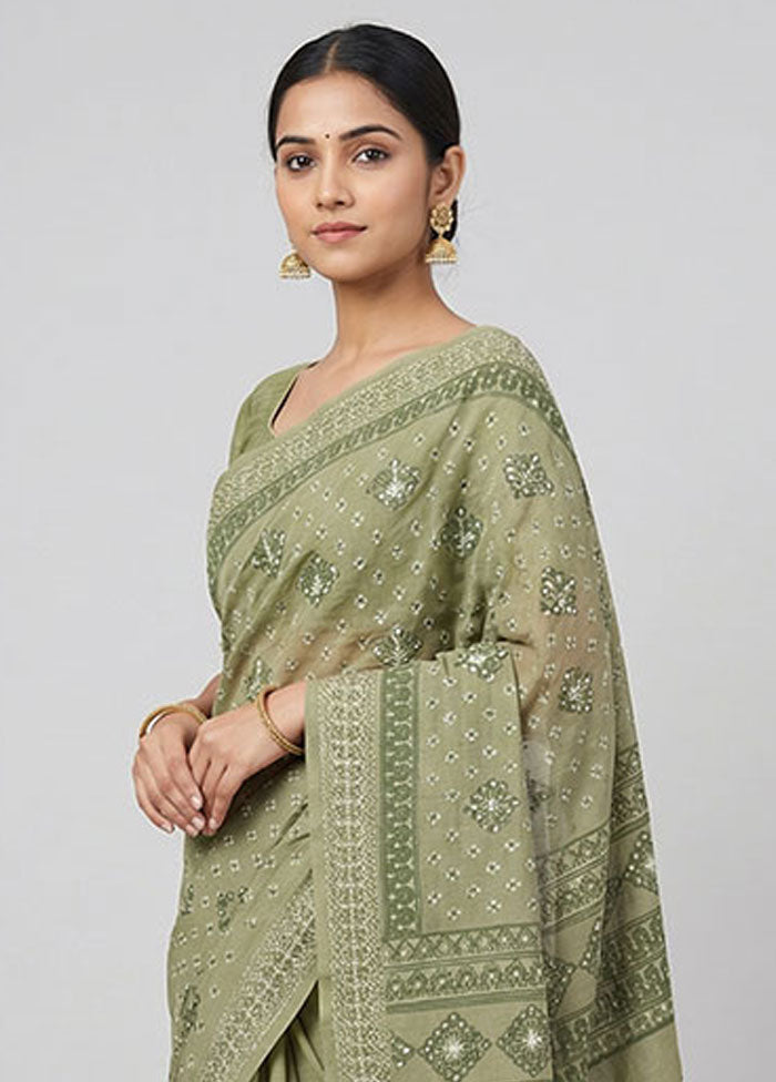 Green Cotton Saree With Blouse Piece