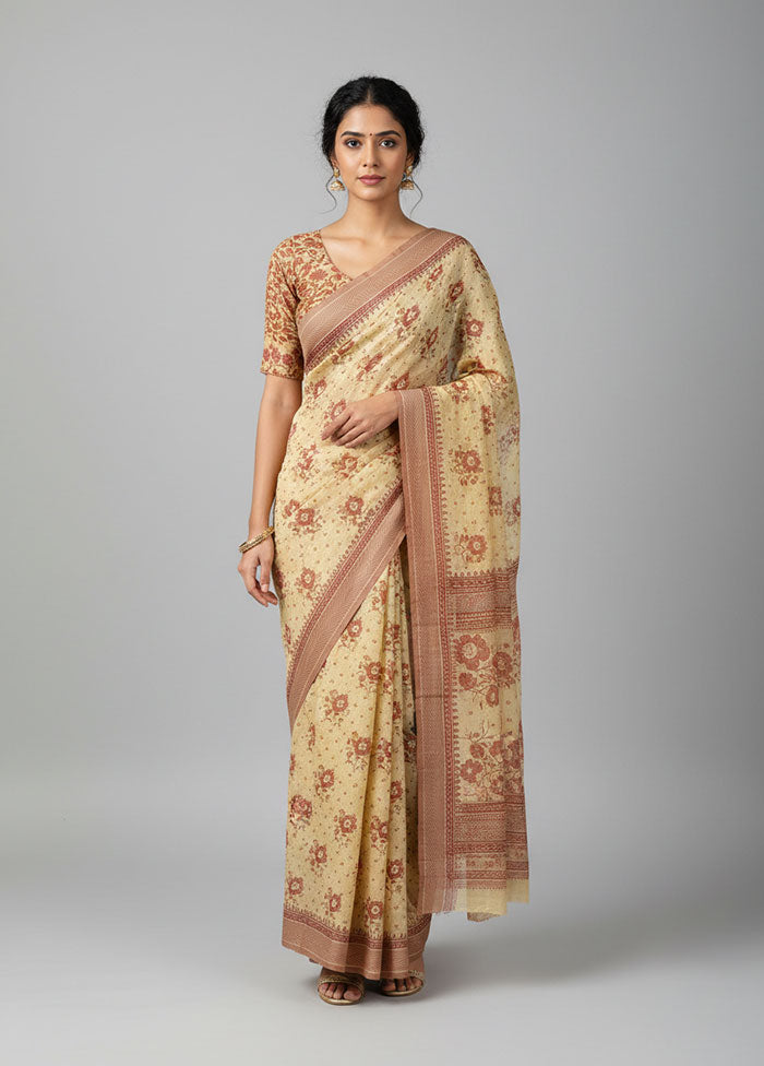 Cream Cotton Saree With Blouse Piece