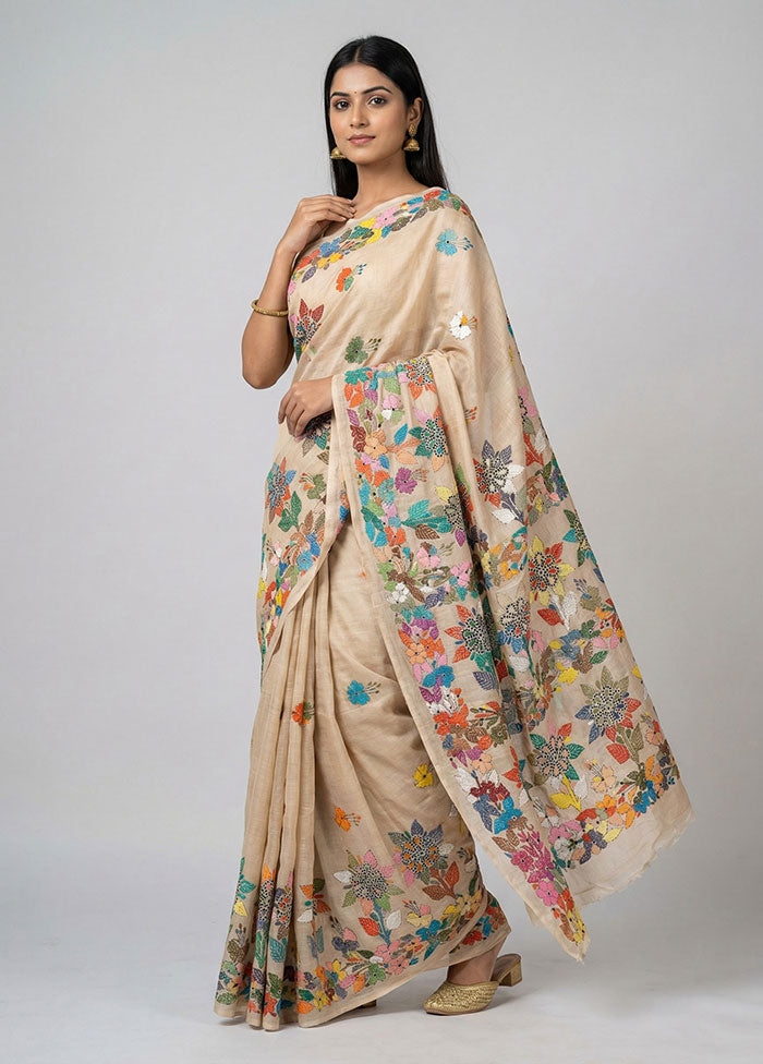 Cream Handloom Kantha Stitch Pure Silk Saree With Blouse Piece