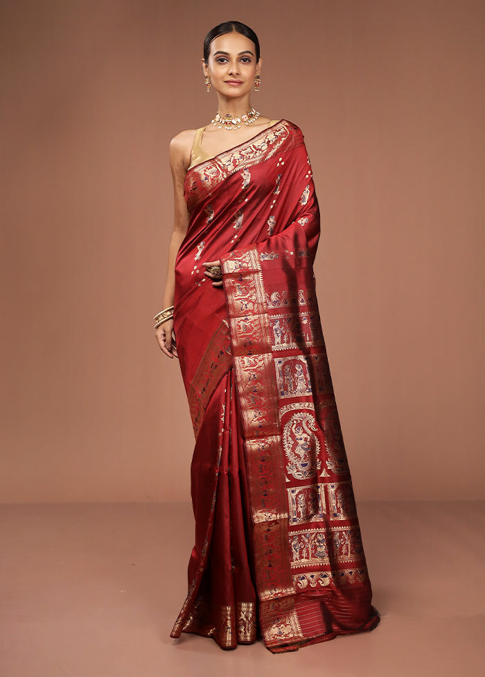 Maroon Handloom Baluchari Pure Silk Saree With Blouse Piece
