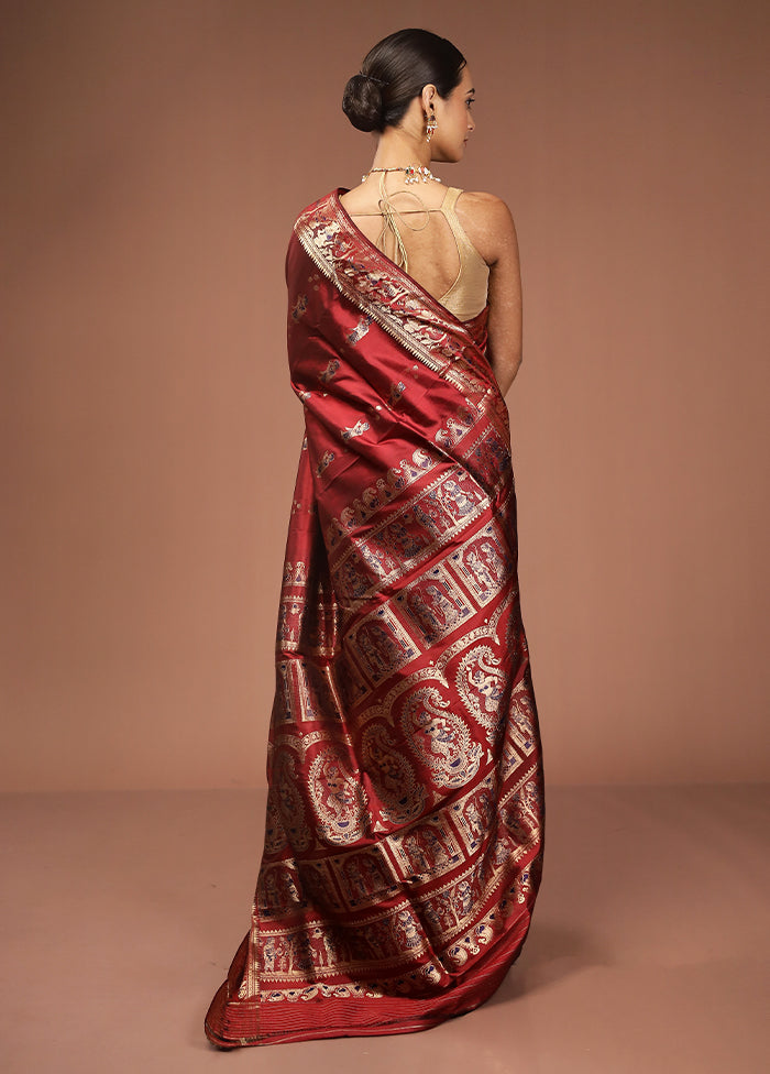 Maroon Handloom Baluchari Pure Silk Saree With Blouse Piece
