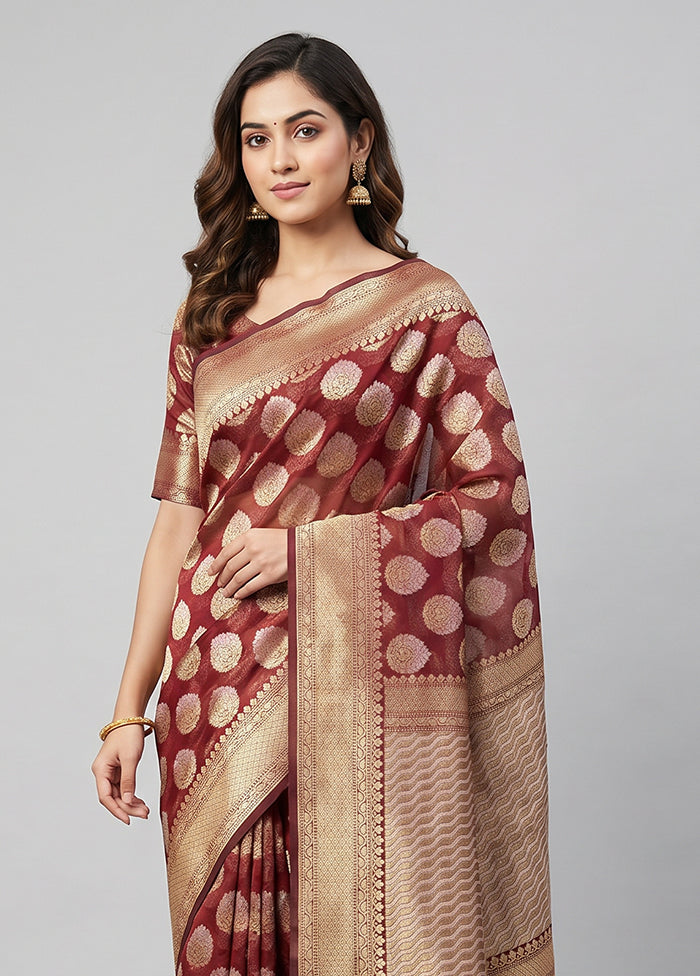 Maroon Kora Silk Saree With Blouse Piece