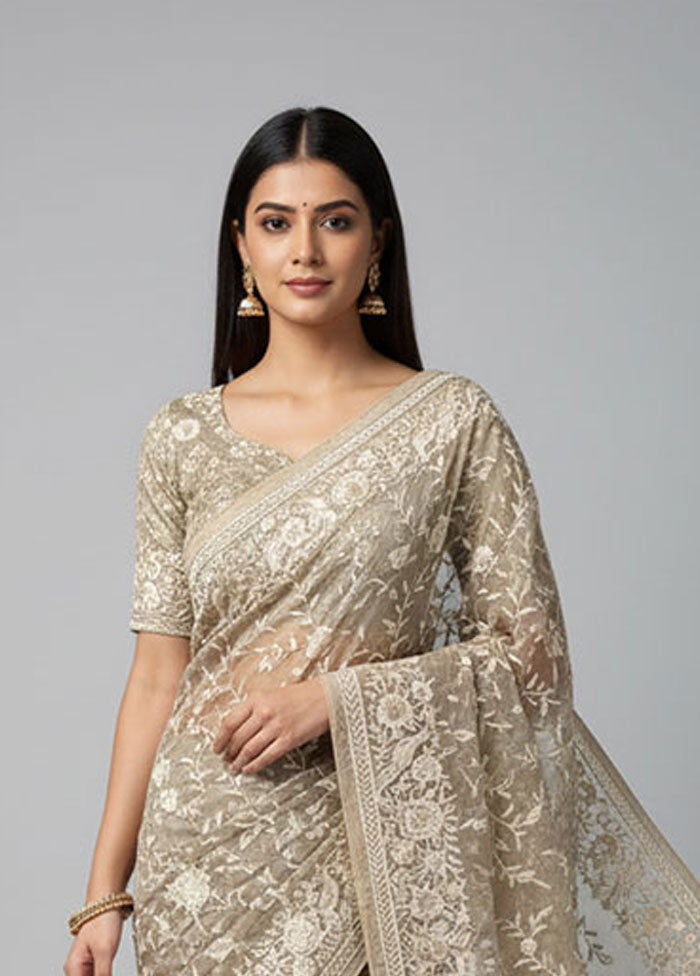 Cream Organza Saree With Blouse Piece