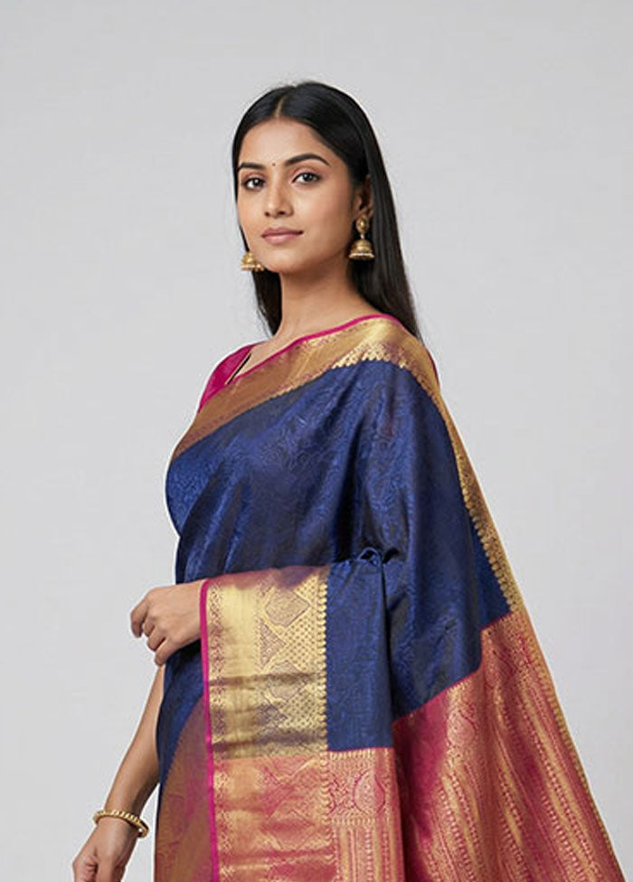 Blue Kanjivaram Silk Saree With Blouse Piece