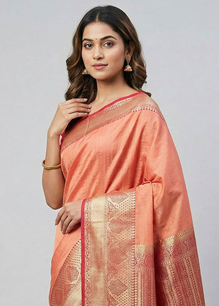 Peach Kanjivaram Silk Saree With Blouse Piece