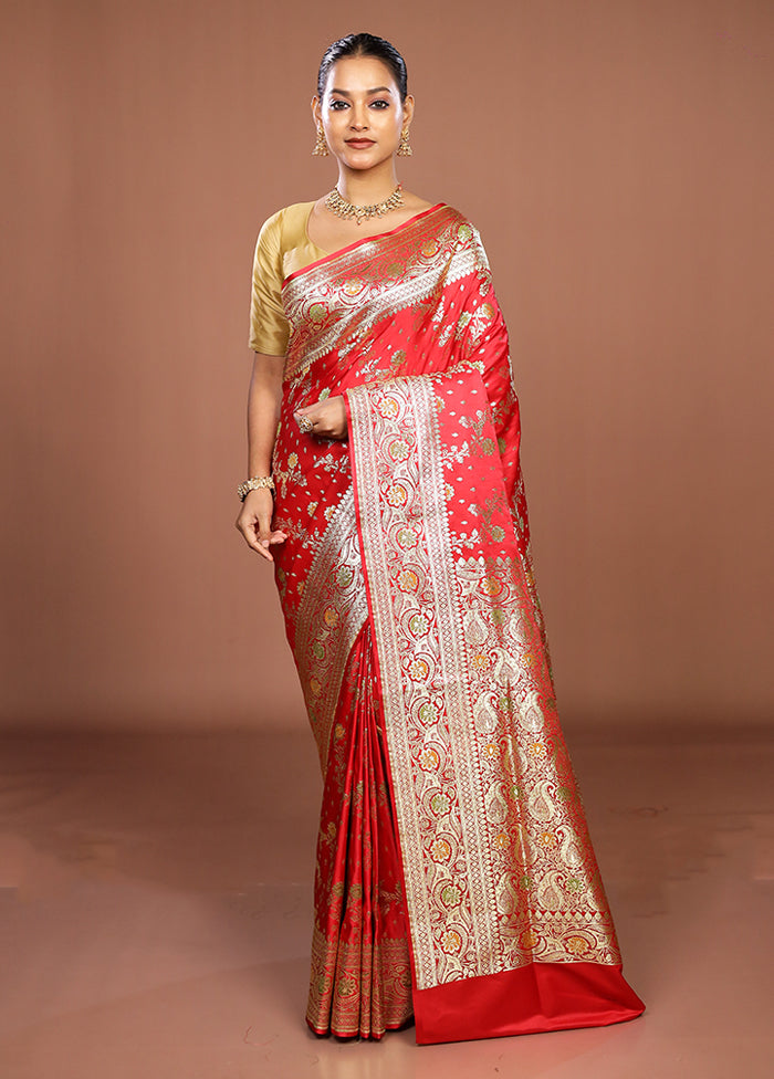 Red Banarasi Silk Saree With Blouse Piece