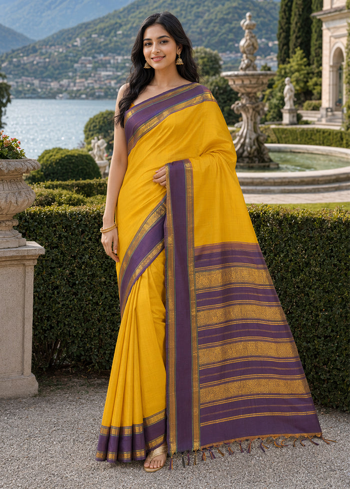 Yellow Handloom Kanchipuram Pure Silk Saree With Blouse Piece