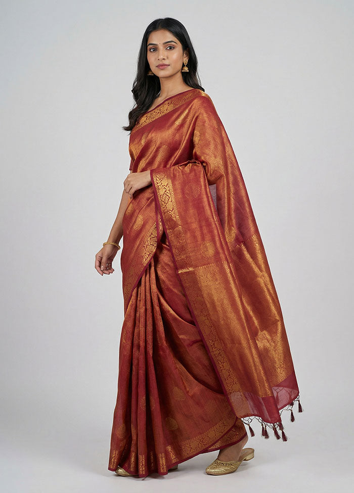 Maroon Tissue Silk Saree With Blouse Piece