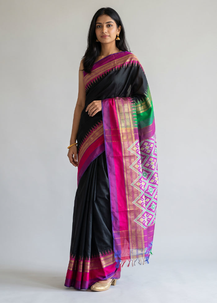 Black Handloom Ikkat Pure Silk Saree With Blouse Piece