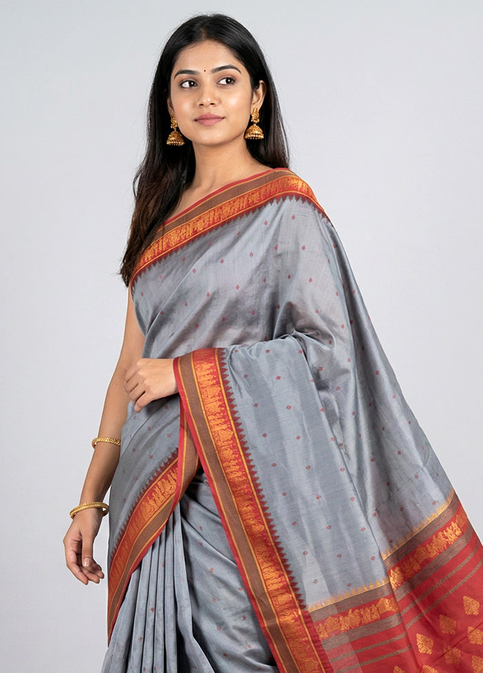 Grey Kanjivaram Silk Saree With Blouse Piece