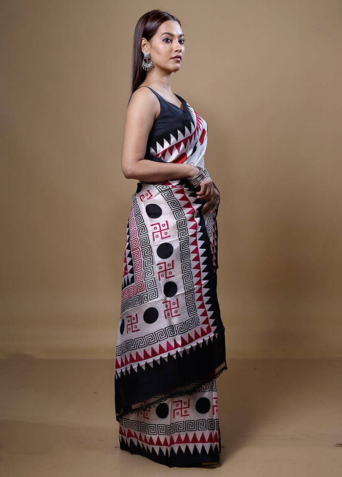White Printed Silk Saree Without Blouse Piece