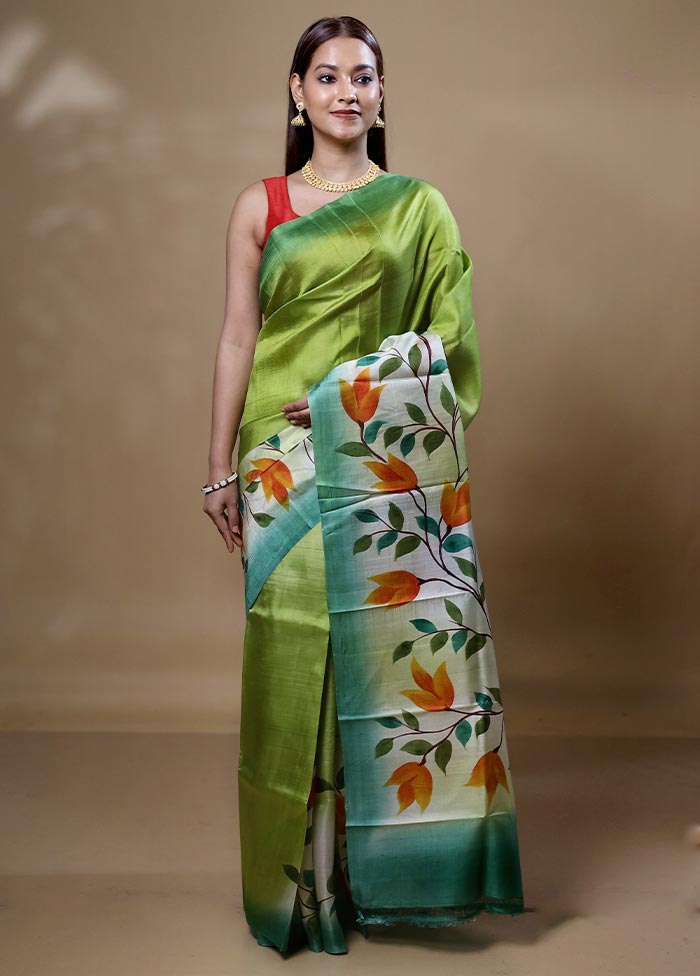 Green Printed Silk Saree Without Blouse Piece