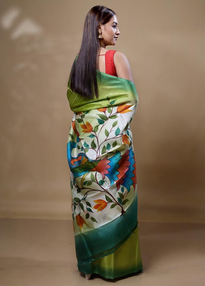 Green Printed Silk Saree Without Blouse Piece