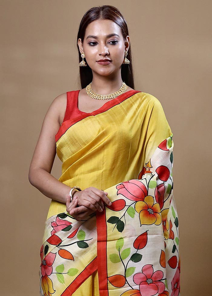 Yellow Printed Silk Saree Without Blouse Piece