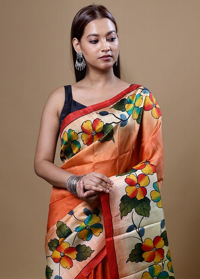 Orange Printed Pure Silk Saree Without Blouse Piece