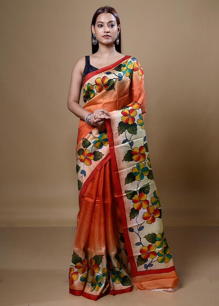 Orange Printed Pure Silk Saree Without Blouse Piece